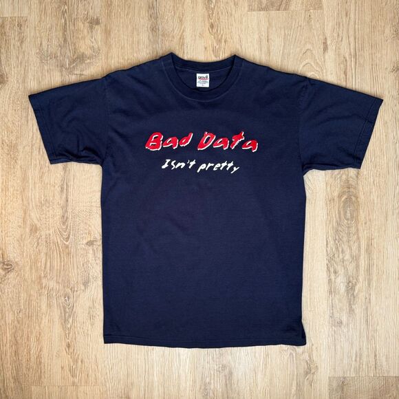 Vintage Anvil Bad Data Isn’t Pretty Graphic T-Shirt Navy Blue Large Internet - Picture 1 of 5